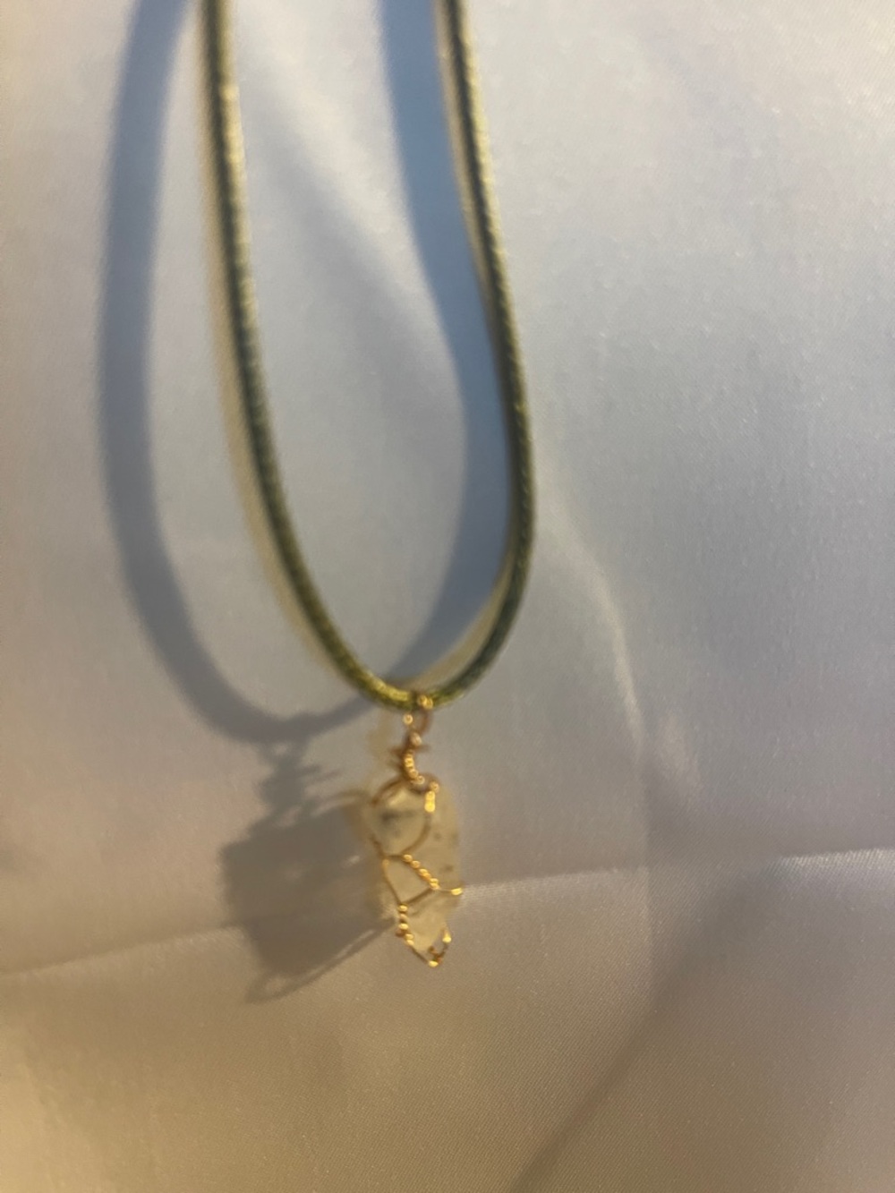 Gold Wire-Wrapped Crystal Pendant Necklace on Green Cord